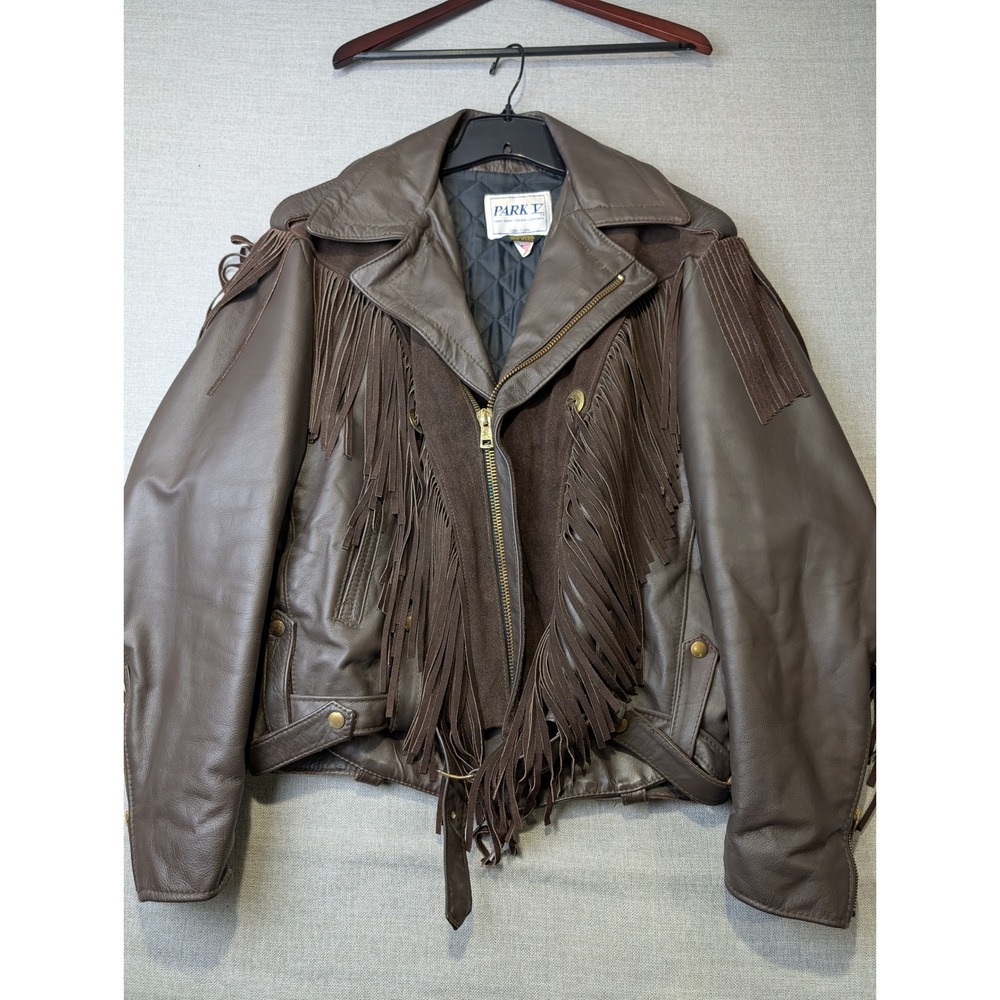 VTG Park V Leather Insulated Fringe Jacket Mens 46 Brown Suede Western Biker